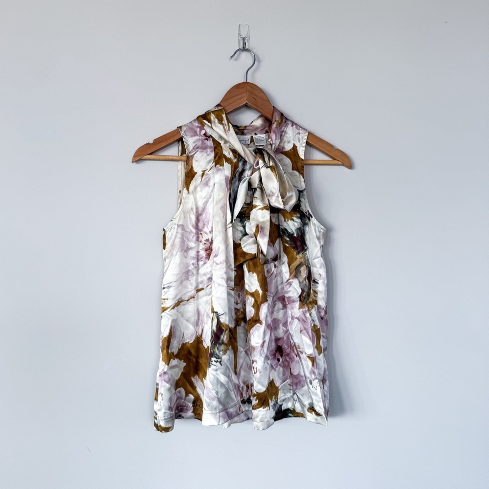 Spiegel Vintage VTG 100% Silk Cream Floral Sleeveless Blouse High Neck Tie